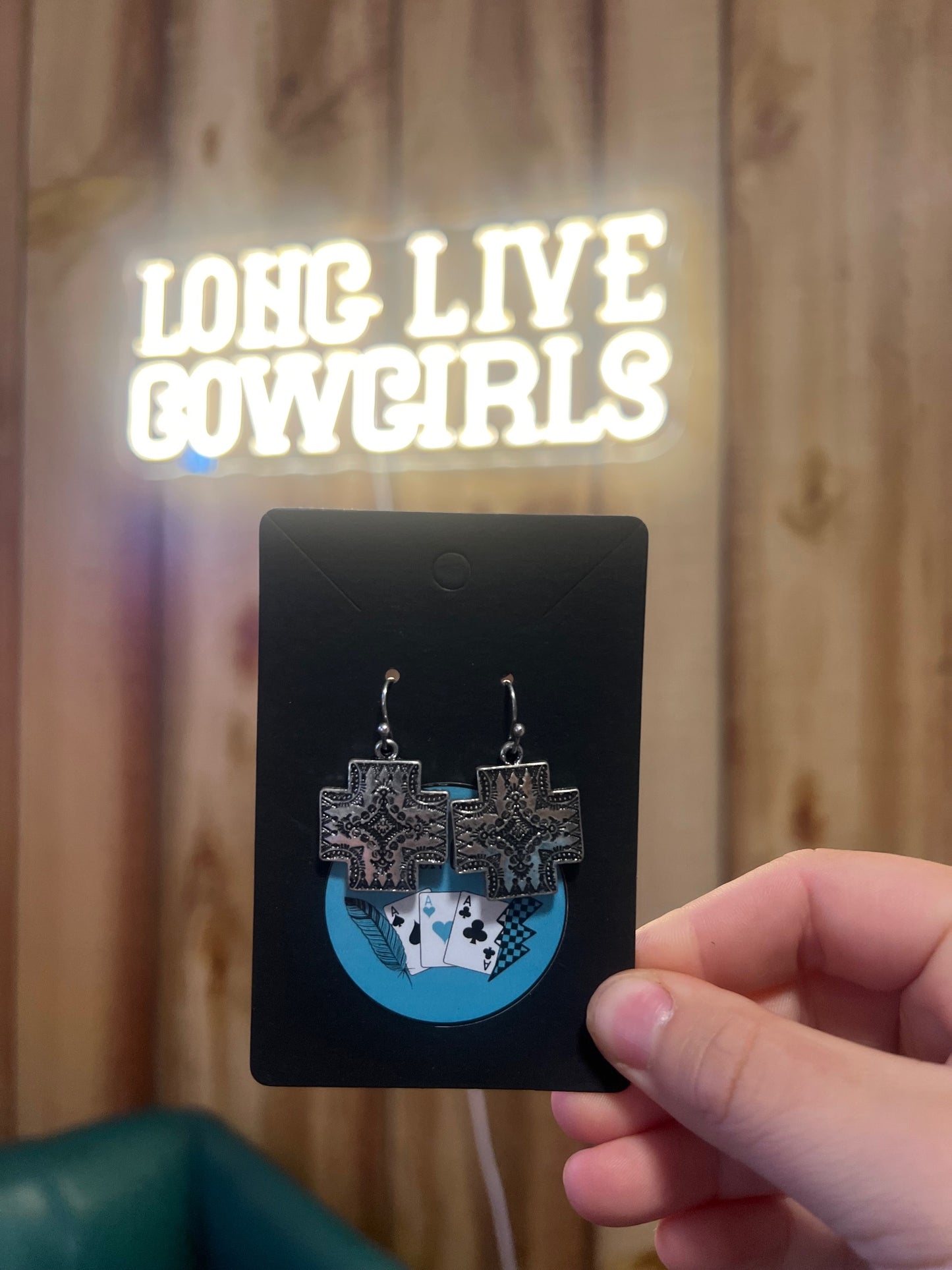 Etched cross earrings